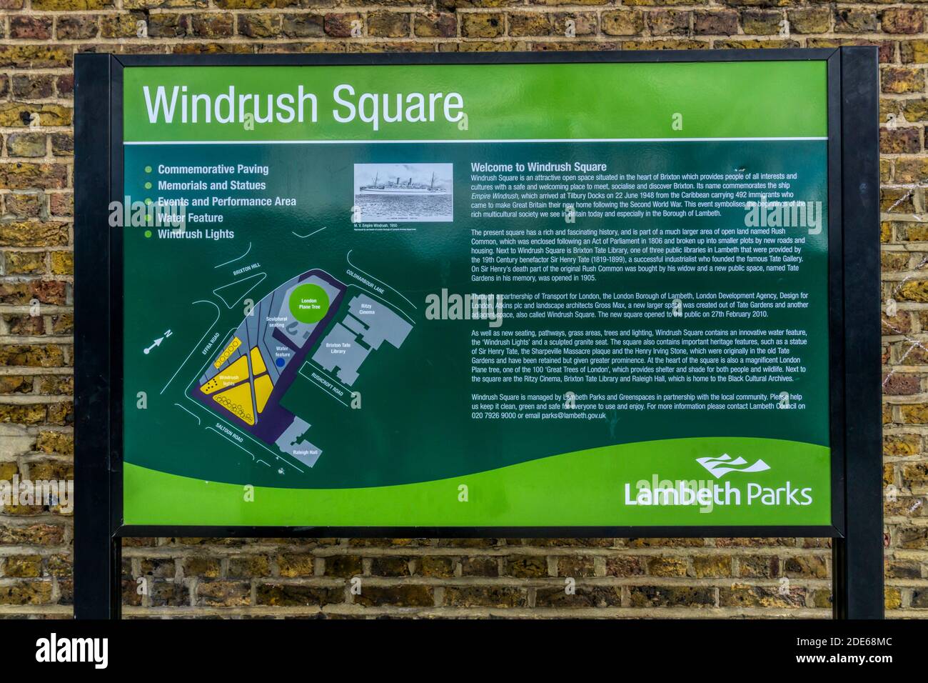 An information panel about Windrush Square in Brixton, South London. Stock Photo