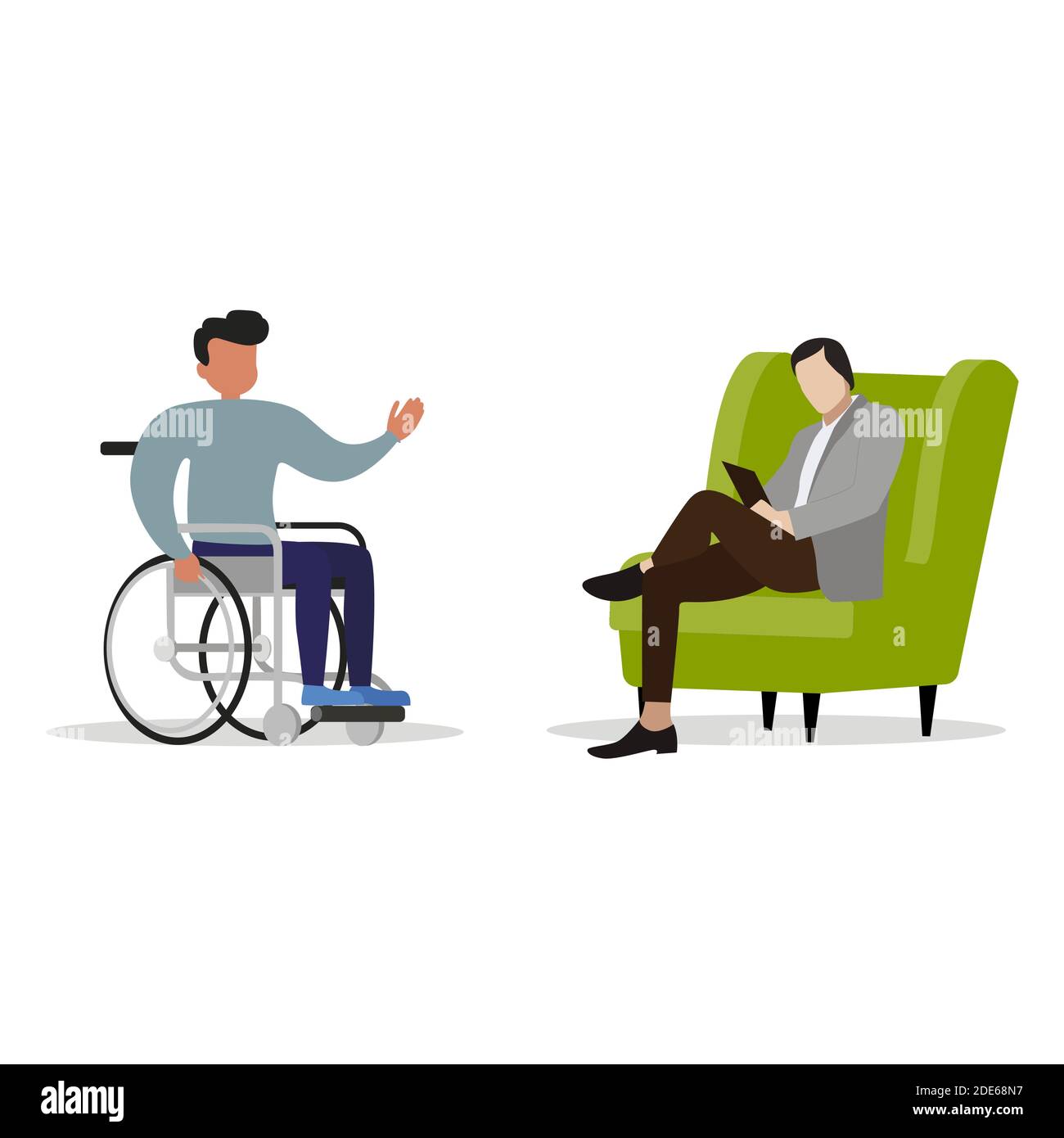 Psychologist consulting invalid on wheelchair. Vector psychotherapy to disability patient, psychology support and mental help, illustration social tal Stock Vector