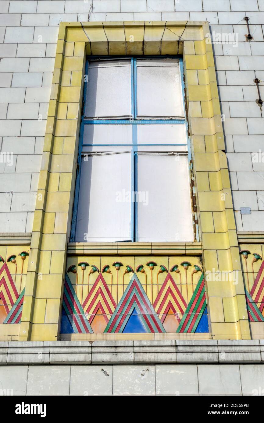 Decorative detail to outside of the Egyptian-style art deco Gracepoint in Essex Road, Islington. Formerly the Carlton Cinema opened in 1930. Stock Photo