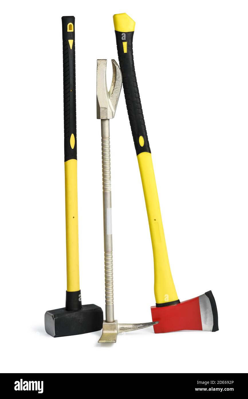 Yellow sledgehammer, axe and hooligan pinchbar from fireman's toolbox