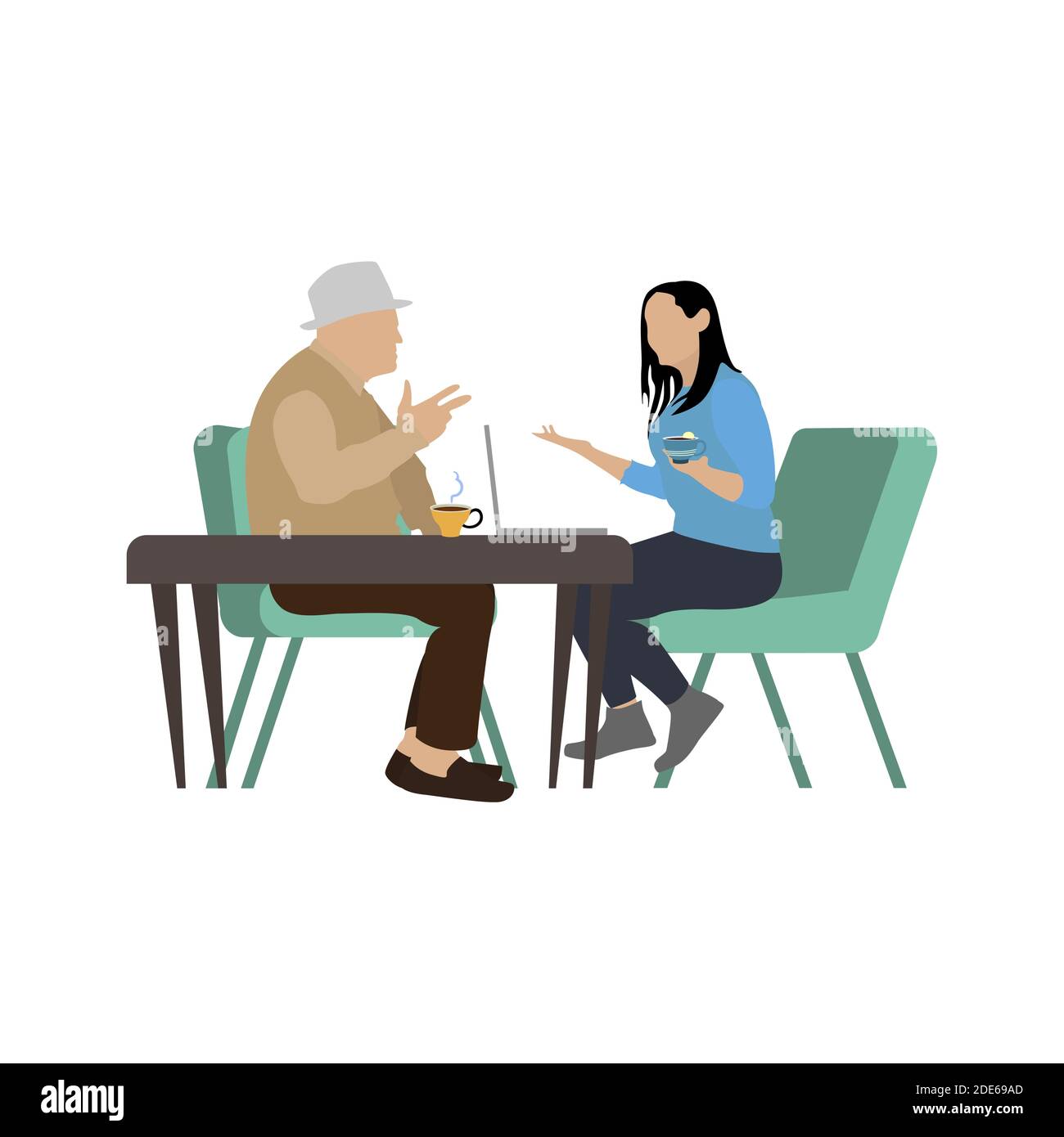 Meeting business partner, friends conversation in cafe. Talking business people, cooperation sitting together partnership, ma and woman in cafe discus Stock Vector