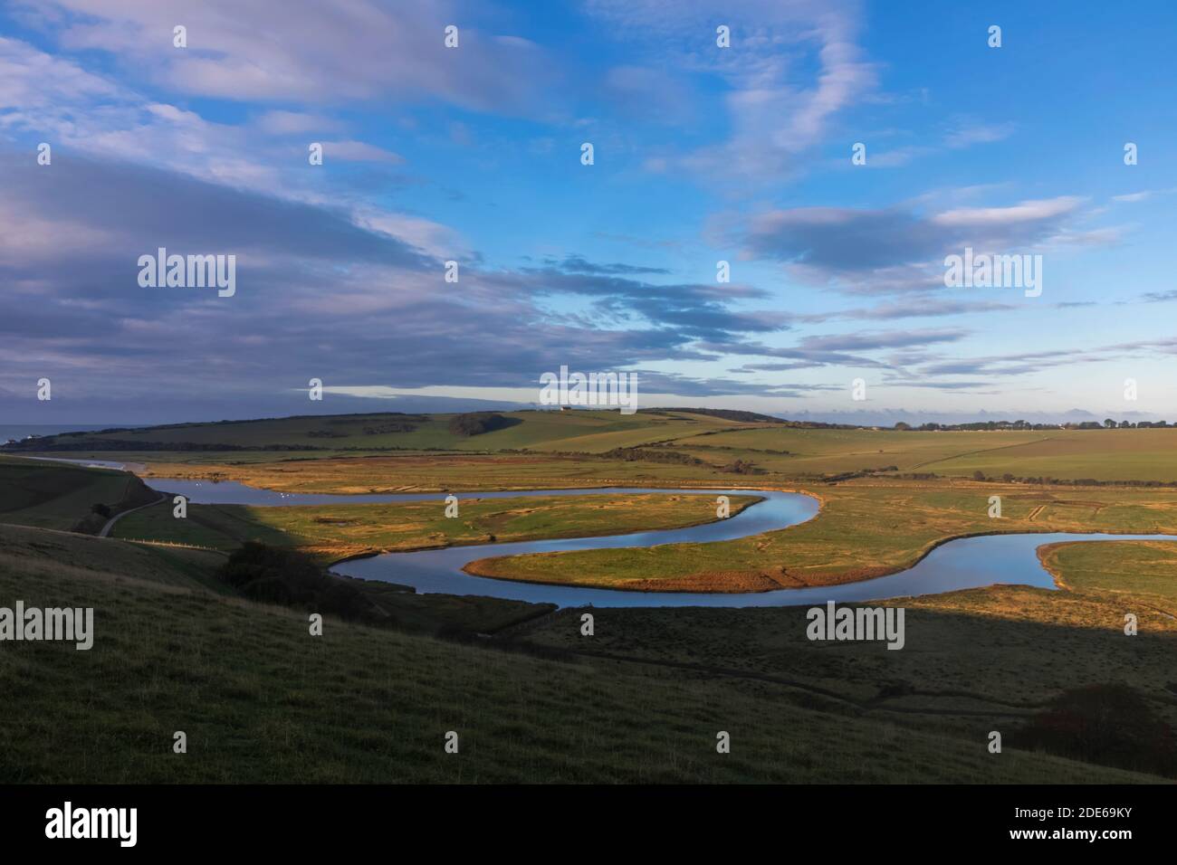 England, East Sussex, Eastbourne, South Downs National Park, Birling Gap, The Cuckmere River  at Sunset Stock Photo