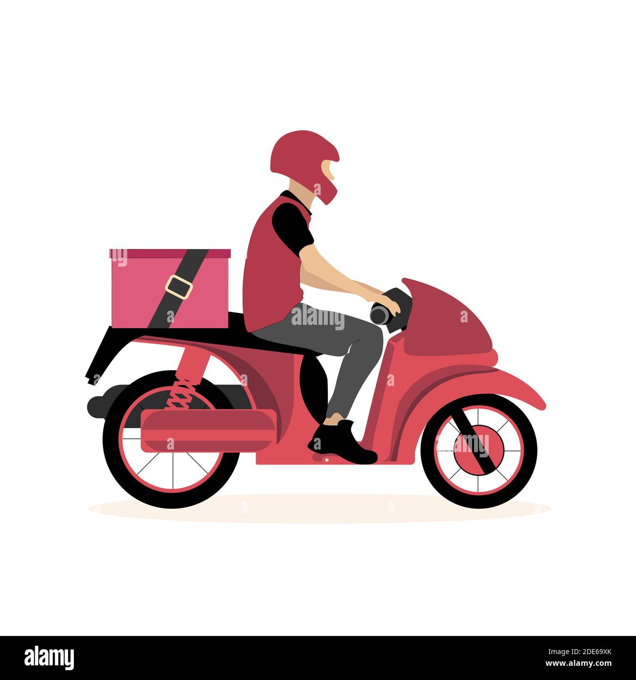 Scooter courier cartoon isolated on white background. Vector scooter delivery, fast service by moped, food courier with box for pizza illustration Stock Vector