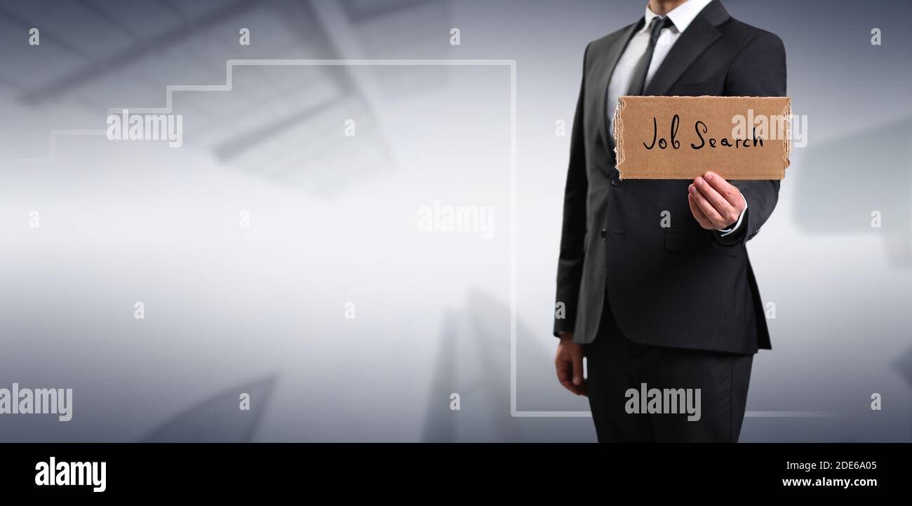 Dismissed businessman with message job search. Business concept and unemployment Stock Photo