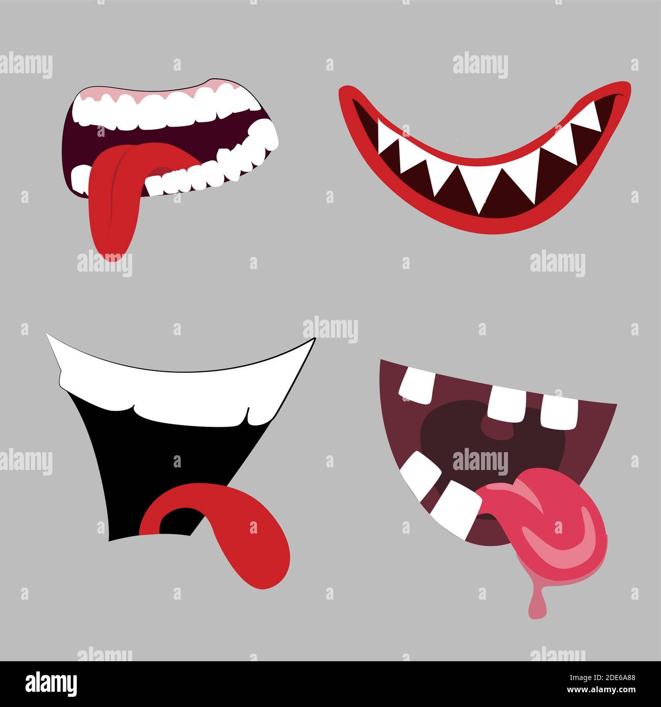 Cartoon monster mouth collection, teeth and tongue. Vector funny halloween scary grimace, collection comic character, emotional face, angry afn happy Stock Vector