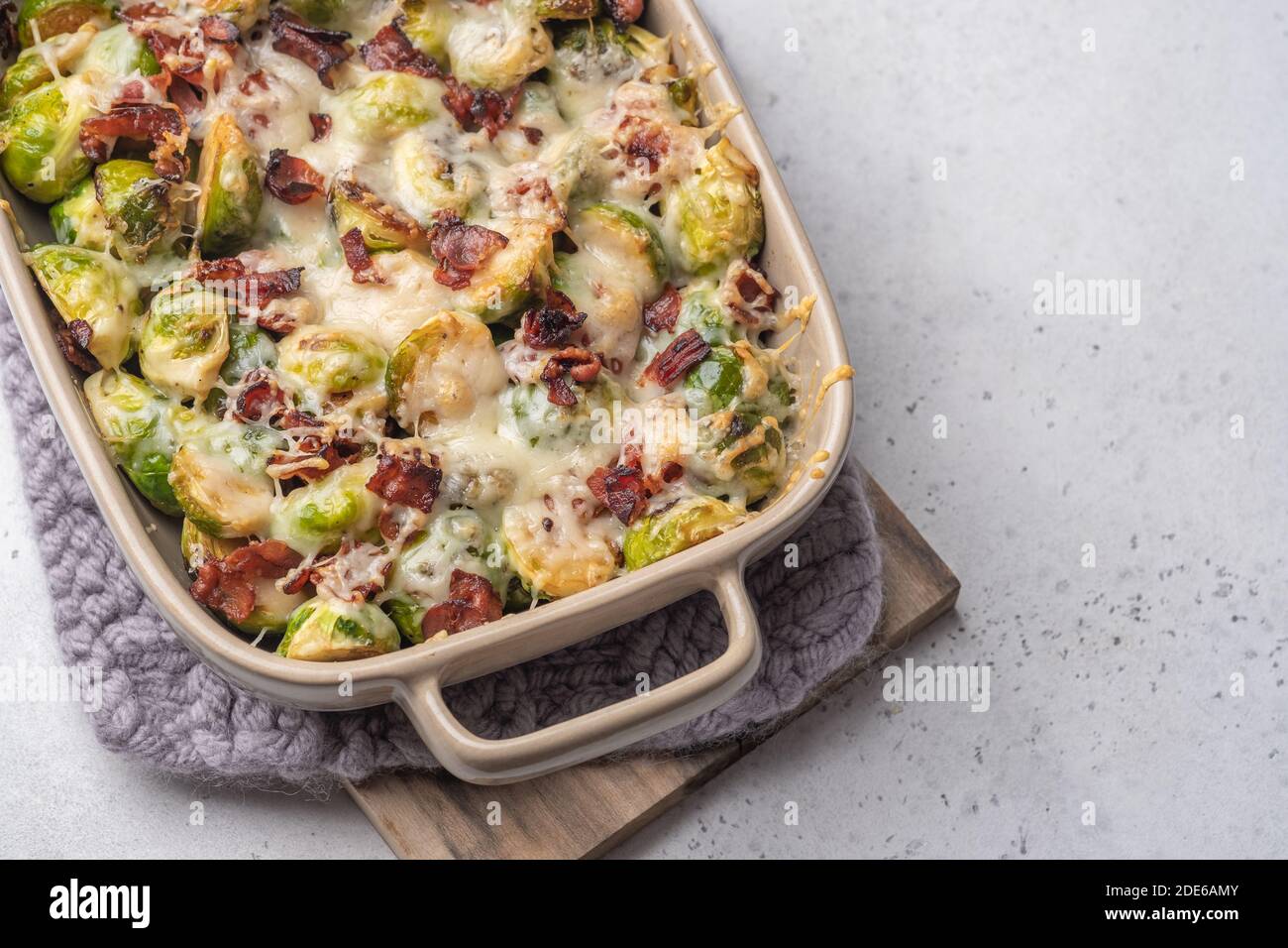 Baked brussel sprout casserole with a bacon and cheese Stock Photo Alamy