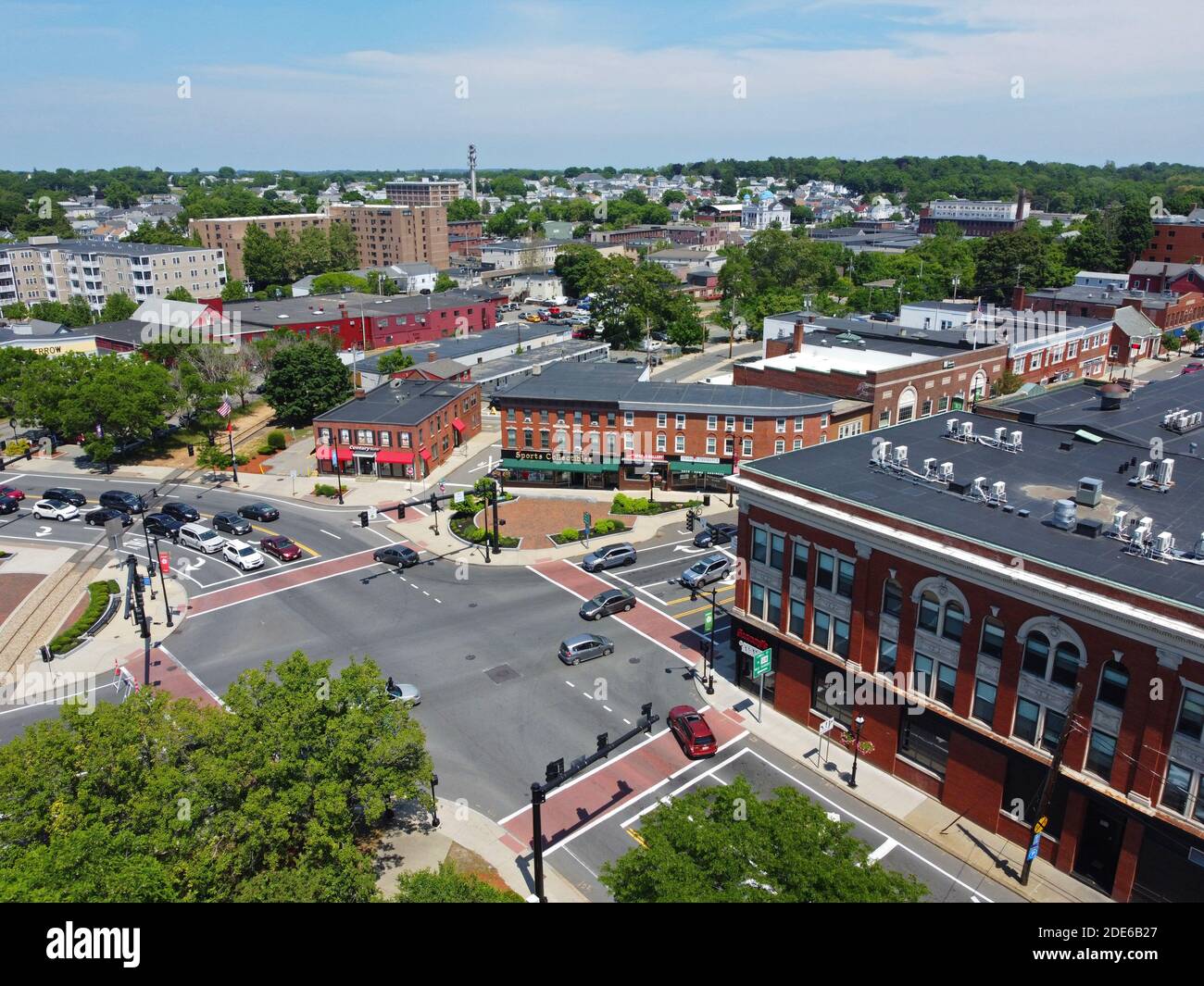 Aerial view of historic commercial buildings on Main Street in downtown