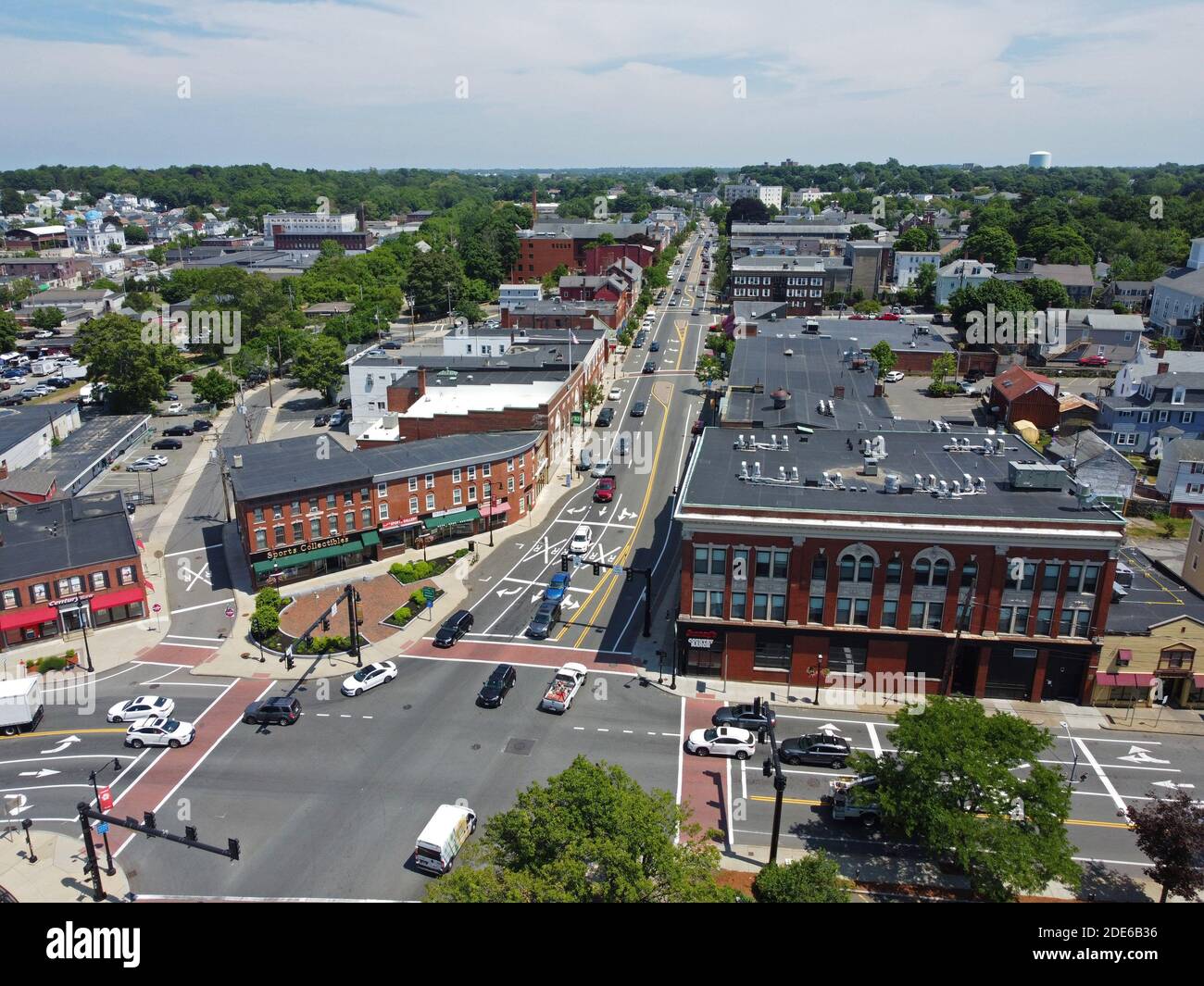 Aerial view of historic commercial buildings on Main Street in downtown