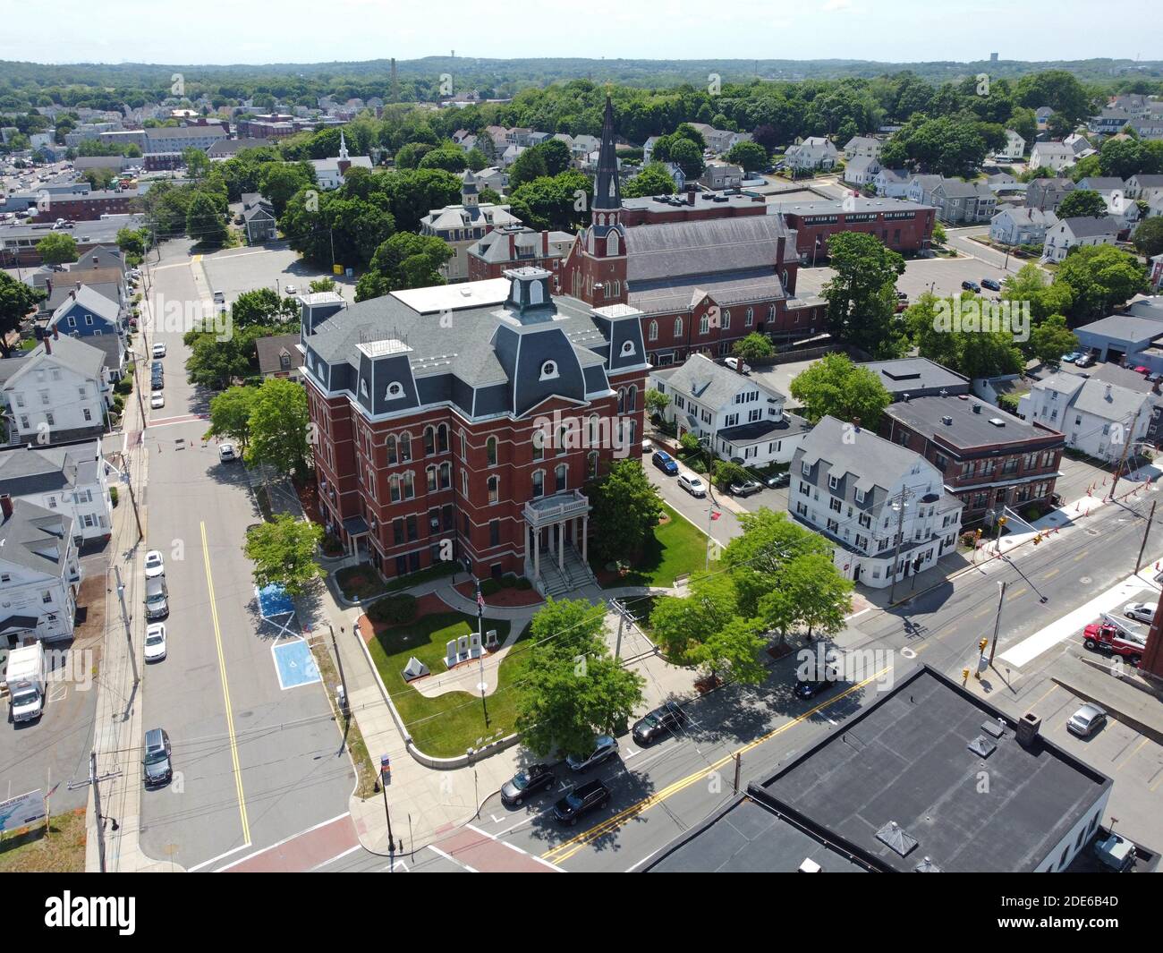 Peabody City Hall aerial view at 24 Lowell Street in downtown Peabody