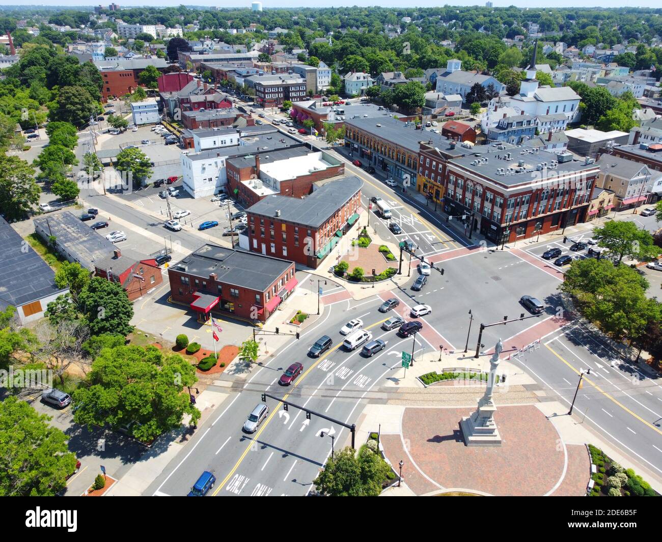 Aerial view of historic commercial buildings on Main Street in downtown