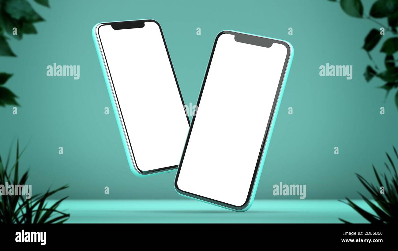 Two iPhones mockup on a green background with plants. 3D rendering