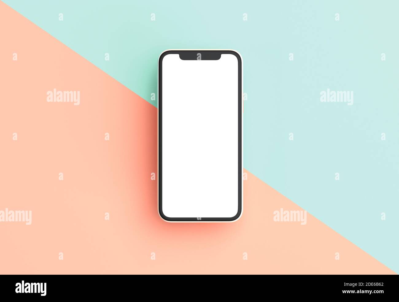 Minimalist iPhone mockup on a bicolor background. 3D rendering. White screen Stock Photo