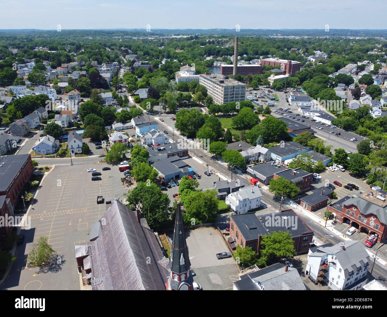Aerial view of historic commercial buildings on Main Street in downtown