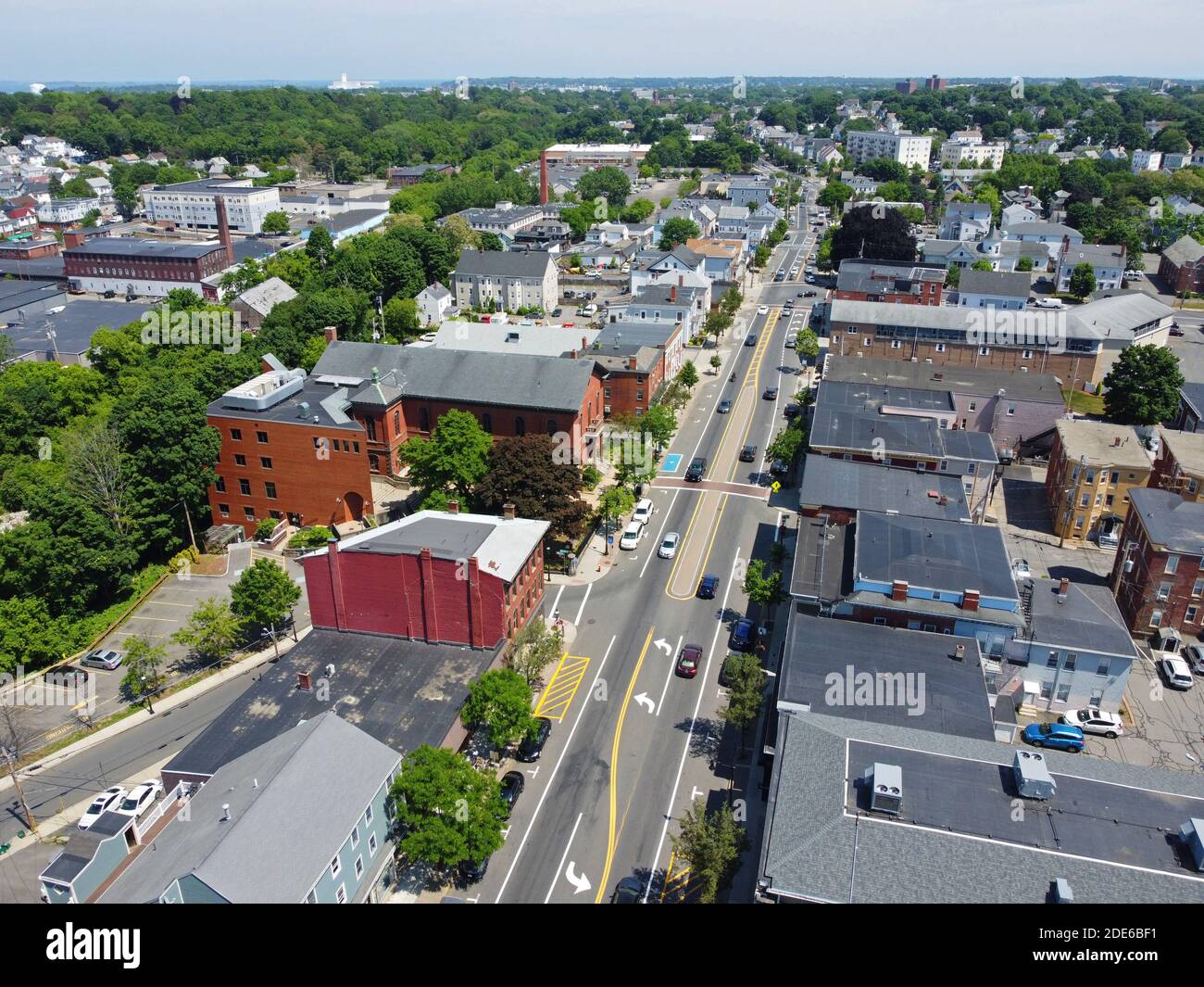 Aerial view of historic commercial buildings on Main Street in downtown