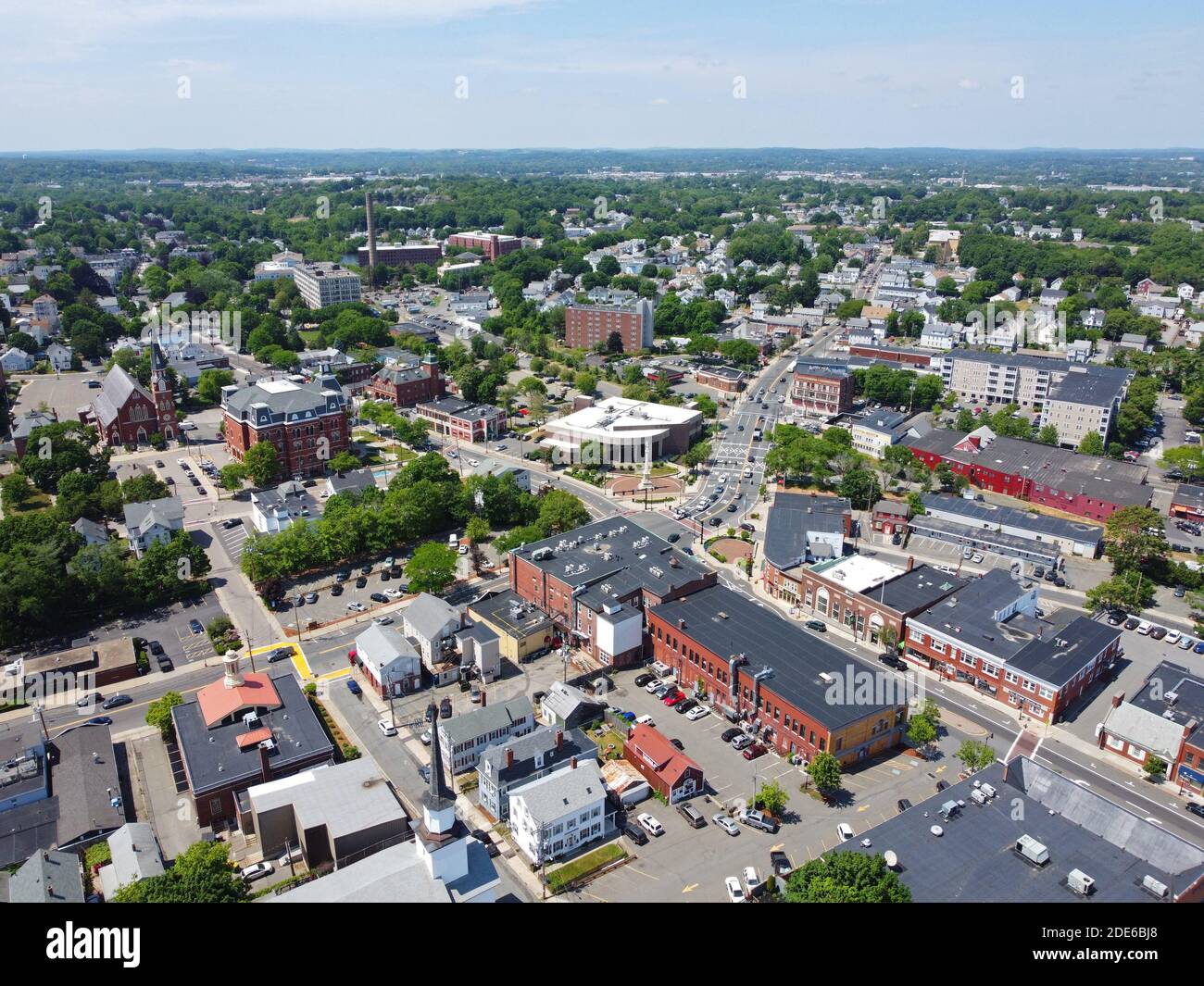 Aerial view of historic commercial buildings on Main Street in downtown