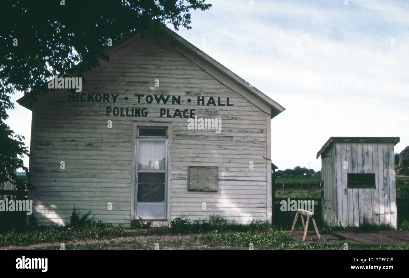 Historical 1970s Photo Hickory town hall and polling place in central Illinois ca. June 1973