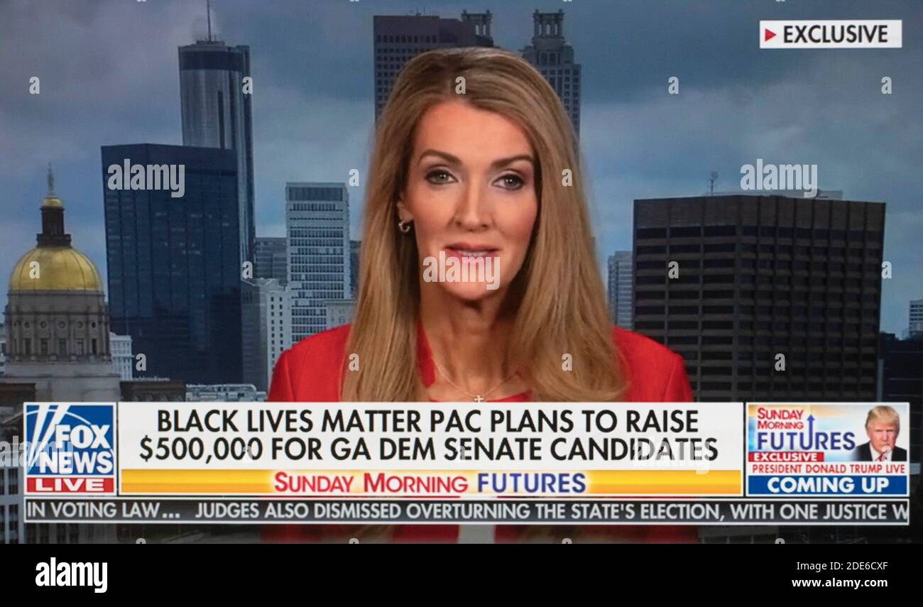 November 29., 2020, Atlanta, Georgia, USA - Screen grab from the interview with U.S. Senator KELLY LOEFFLER on the Fox News show, Sunday Morning Futures with Maria Bartiromo. Loeffler is competing in a runoff election to win the seat she was unable to secure with a 50% plus one majority in the recent general election. Her run-off race will be held on January 5, 2021 against Democratic challenger, Reverend Raphael Warnock. Credit: Fox News/ZUMA Wire/Alamy Live News Stock Photo