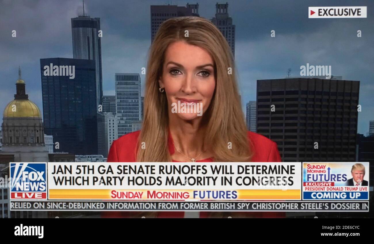 November 29., 2020, Atlanta, Georgia, USA - Screen grab from the interview with U.S. Senator KELLY LOEFFLER on the Fox News show, Sunday Morning Futures with Maria Bartiromo. Loeffler is competing in a runoff election to win the seat she was unable to secure with a 50% plus one majority in the recent general election. Her run-off race will be held on January 5, 2021 against Democratic challenger, Reverend Raphael Warnock. Credit: Fox News/ZUMA Wire/Alamy Live News Stock Photo