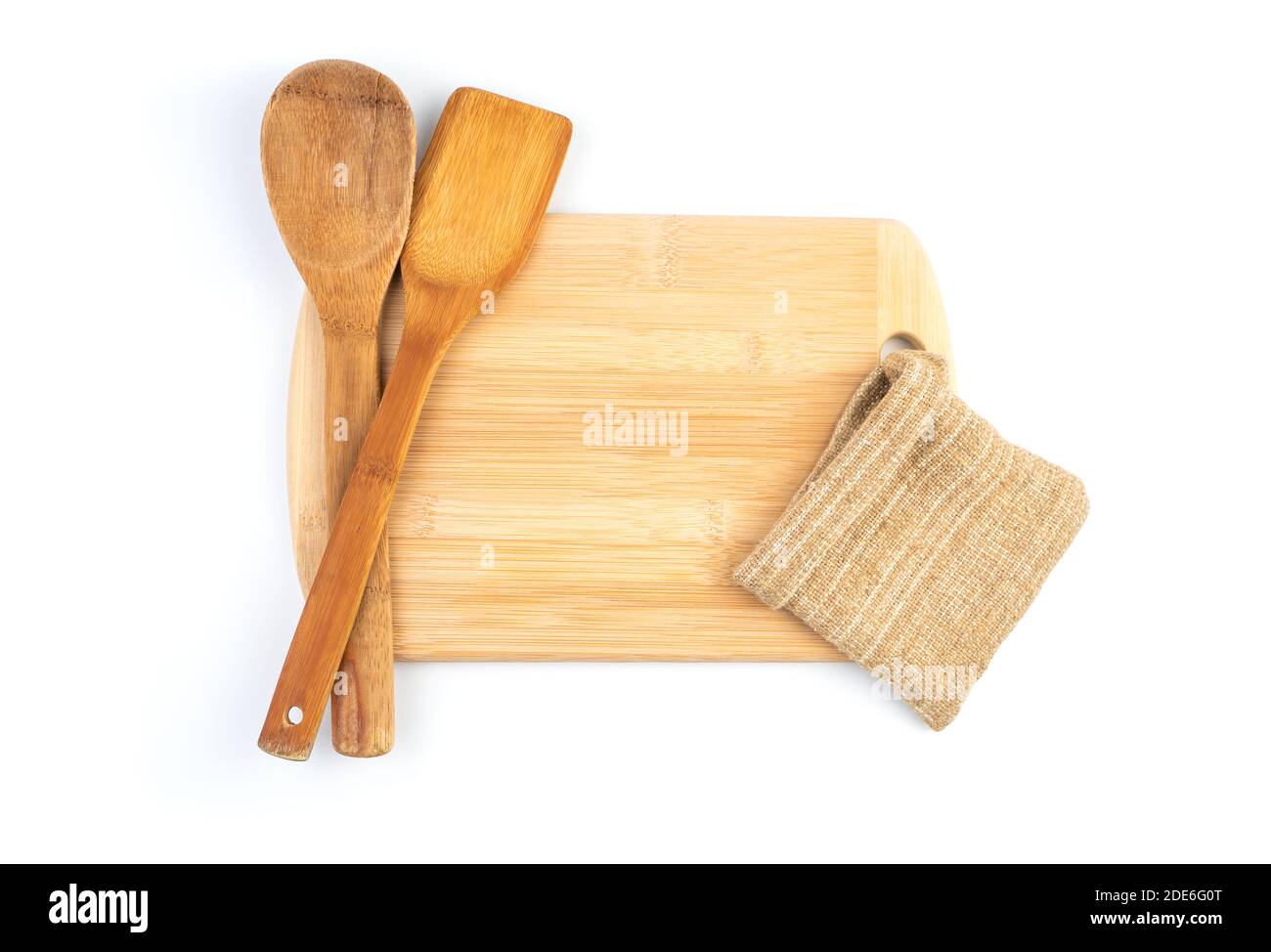 Kitchen accessories on a white background. Top view with space to copy