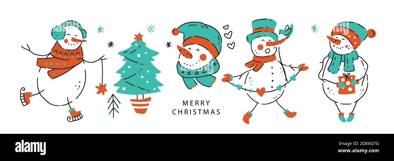 Vector snowman banner. Merry Christmas cute hand drawn doodle cartoon illustration. Cute snowman clipart set. Stock Vector