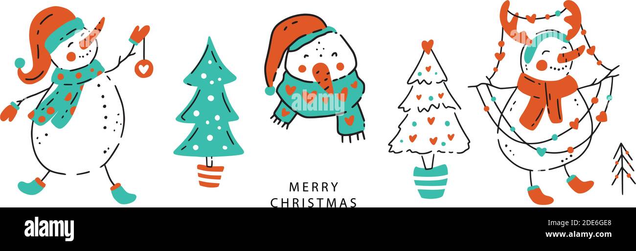 Vector snowman banner. Merry Christmas cute hand drawn doodle cartoon illustration. Cute snowman clipart set. Stock Vector