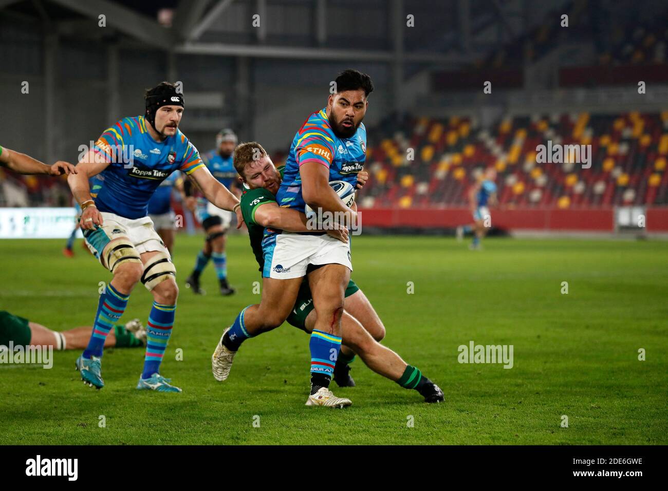 Brentford Community Stadium, London, UK. 29th Nov, 2020. Gallagher Premiership Rugby, London Irish versus Leicester Tigers; Nephi Leatigaga of Leicester Tigers is tackled by Harry Elrington of London Irish Credit: Action Plus Sports/Alamy Live News Stock Photo