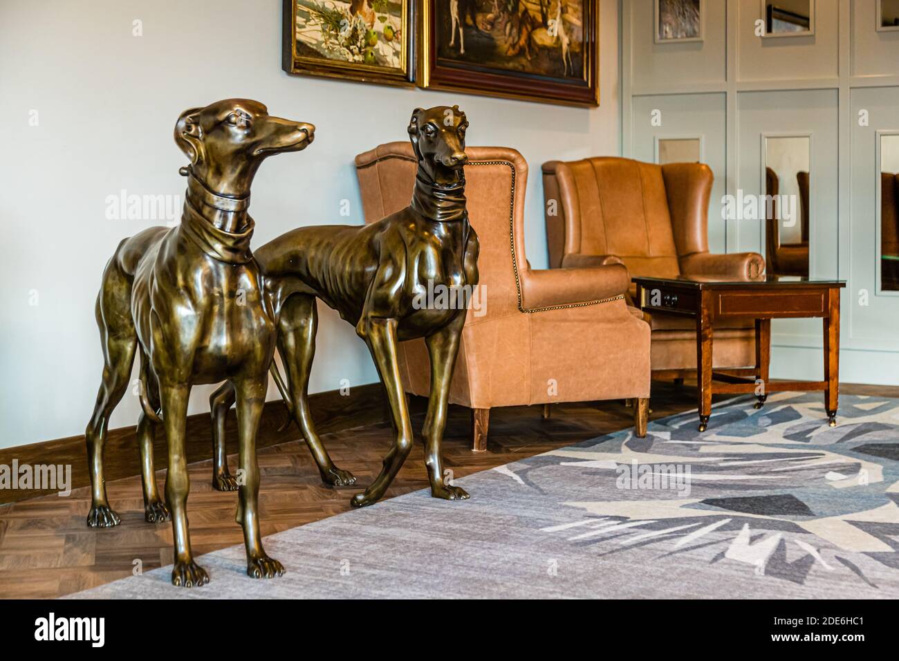 An interior room at the five-star Dunloe Hotel & Gardens near Killarney, County Kerry, Ireland, shows decorative details of the new interior design. Stock Photo