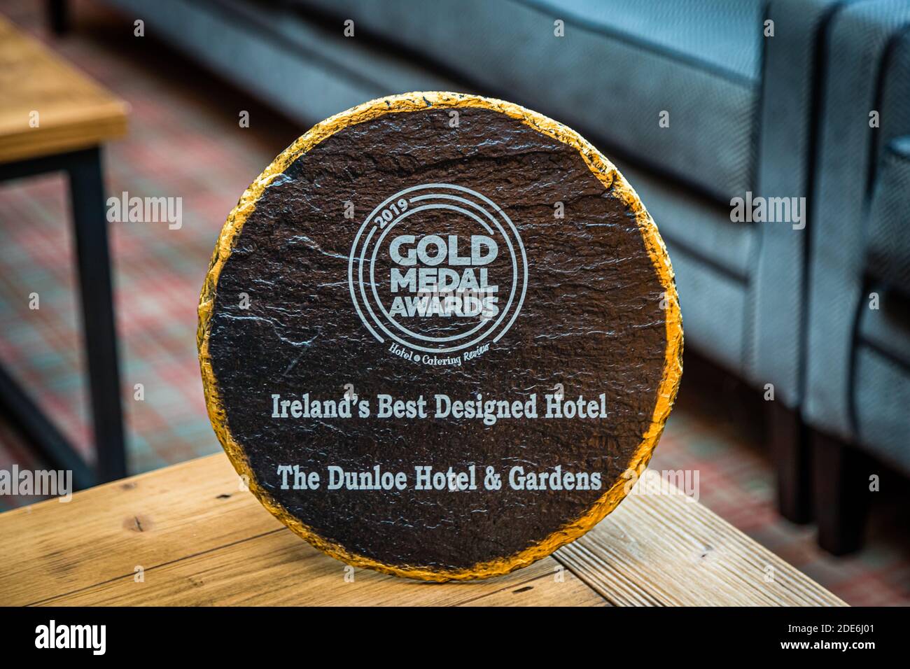 The Gold Medal Awards trophy from Hotel & Catering Review names the five-star Dunloe Hotel & Gardens near Killarney, County Kerry, Ireland, "Ireland's Best Designed Hotel" for 2019. Stock Photo