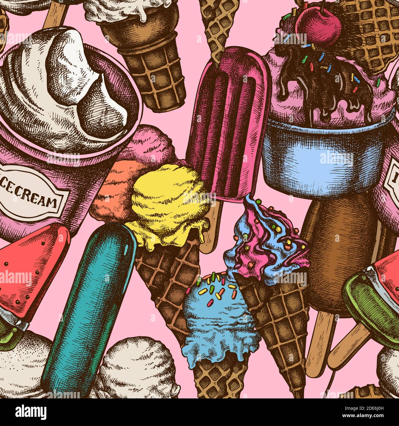 Seamless pattern with hand drawn colored ice cream bowls, ice cream
