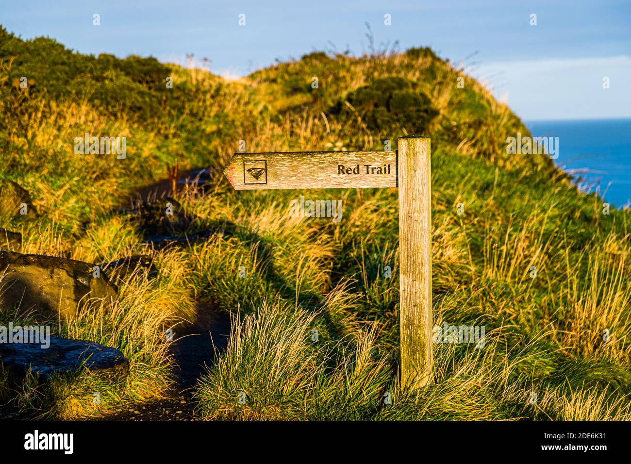 A wooden signpost marked "Red Trail" marks a footpath along the clifftops near the Giant's Causeway at Bushmills, County Antrim, Northern Ireland. Stock Photo