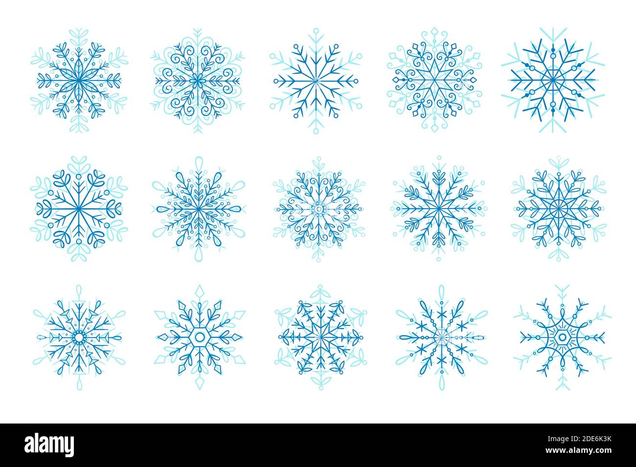 Hand drawn blue snowflake icon set. Vector illustration, isolated on white background. Stock Vector