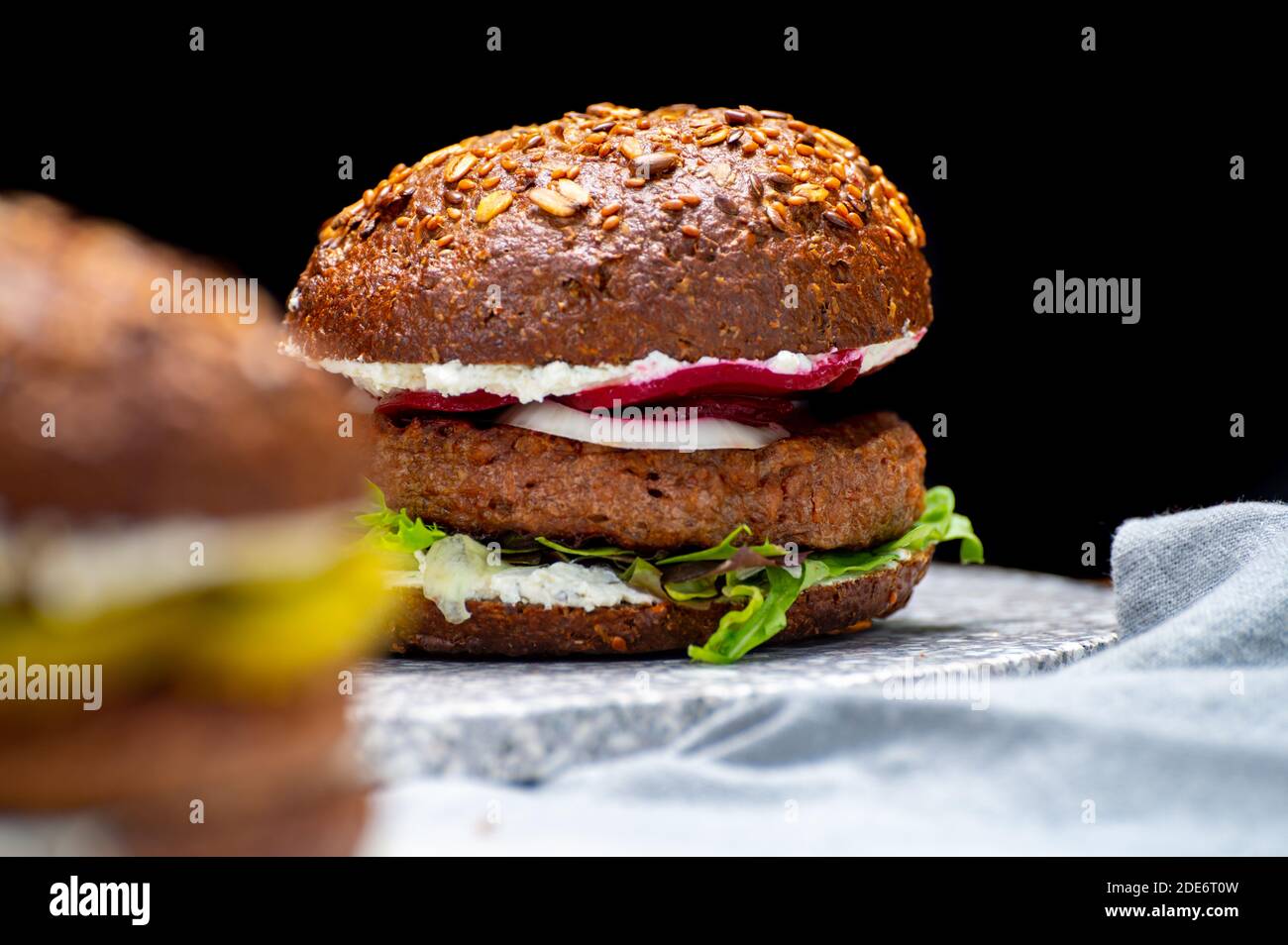 Vegan hamburgers with grilled healthy plant based, meat free burgers