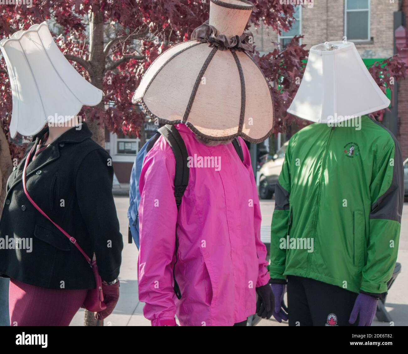 Mannequins with lampshades instead of heads, Stratford Winter Lighting Festival. Stock Photo