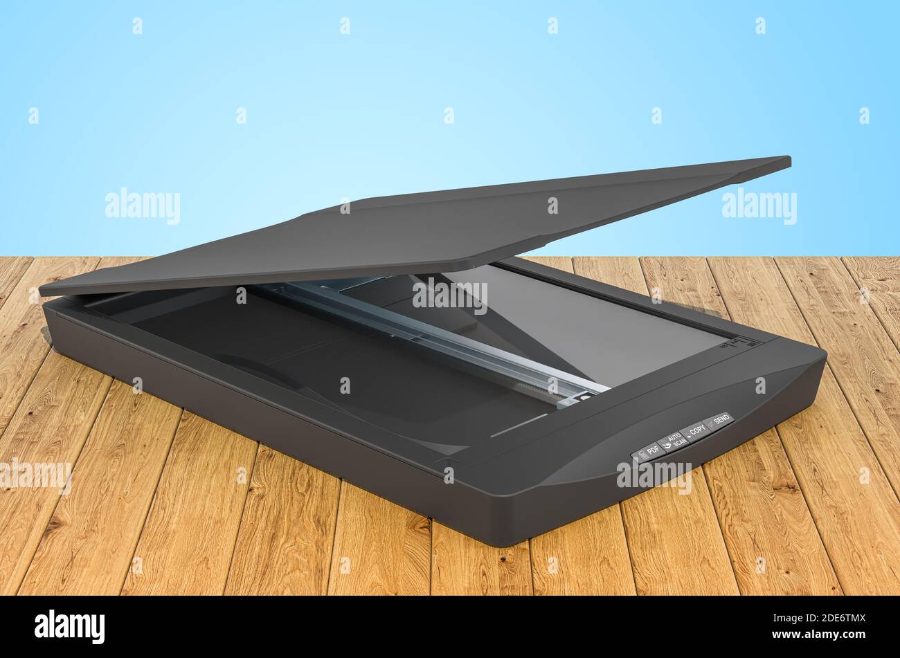 Black flatbed scanner, 3D rendering isolated on the wooden planks, 3D