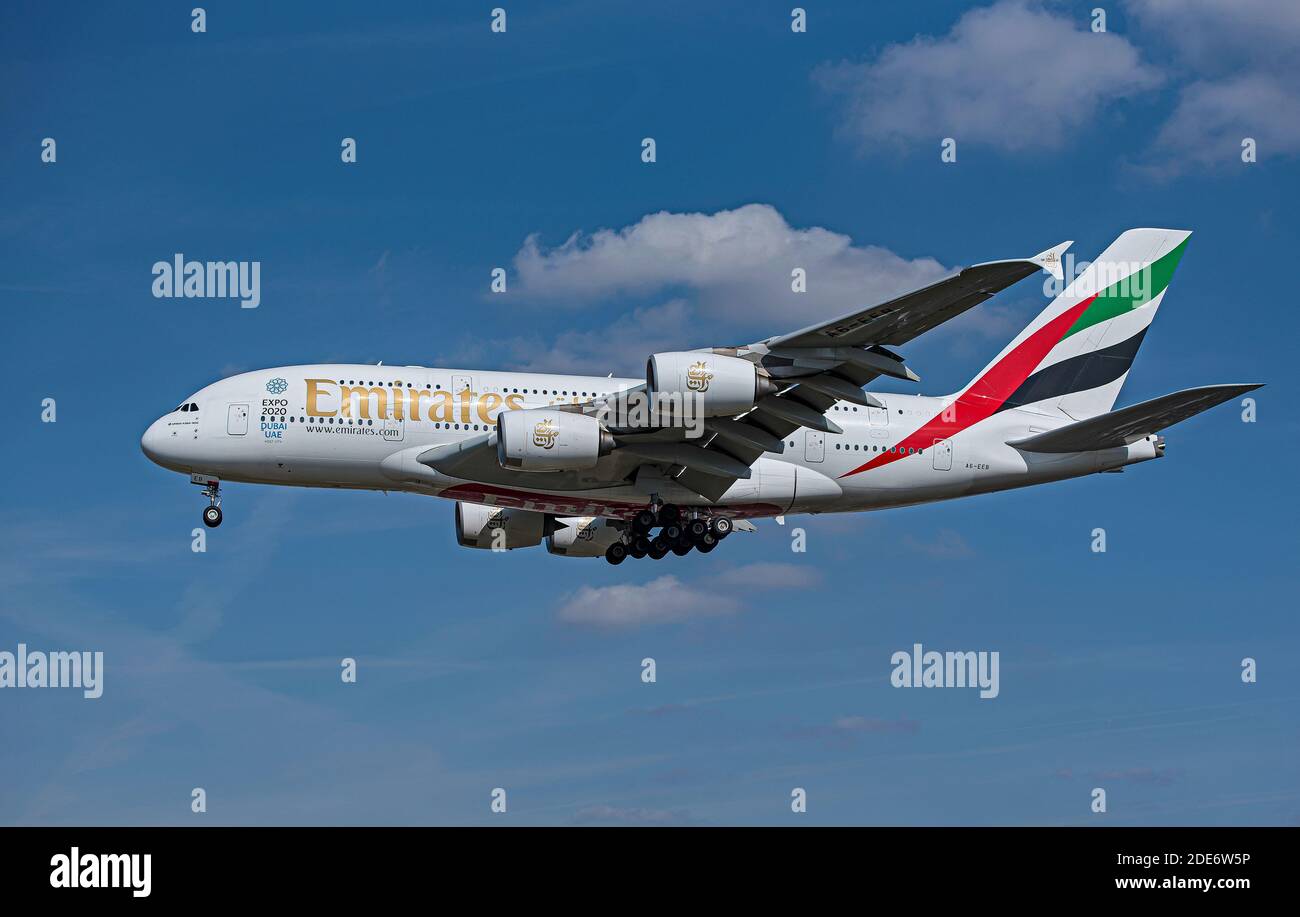 Coming in to land at London's Heathrow airport, the worlds biggest airliner an Emirates Stock Photo