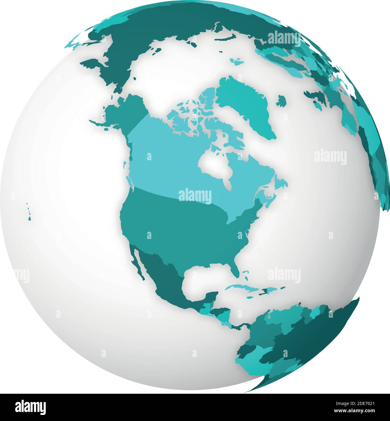 Blank political map of North America. 3D Earth globe with turquoise