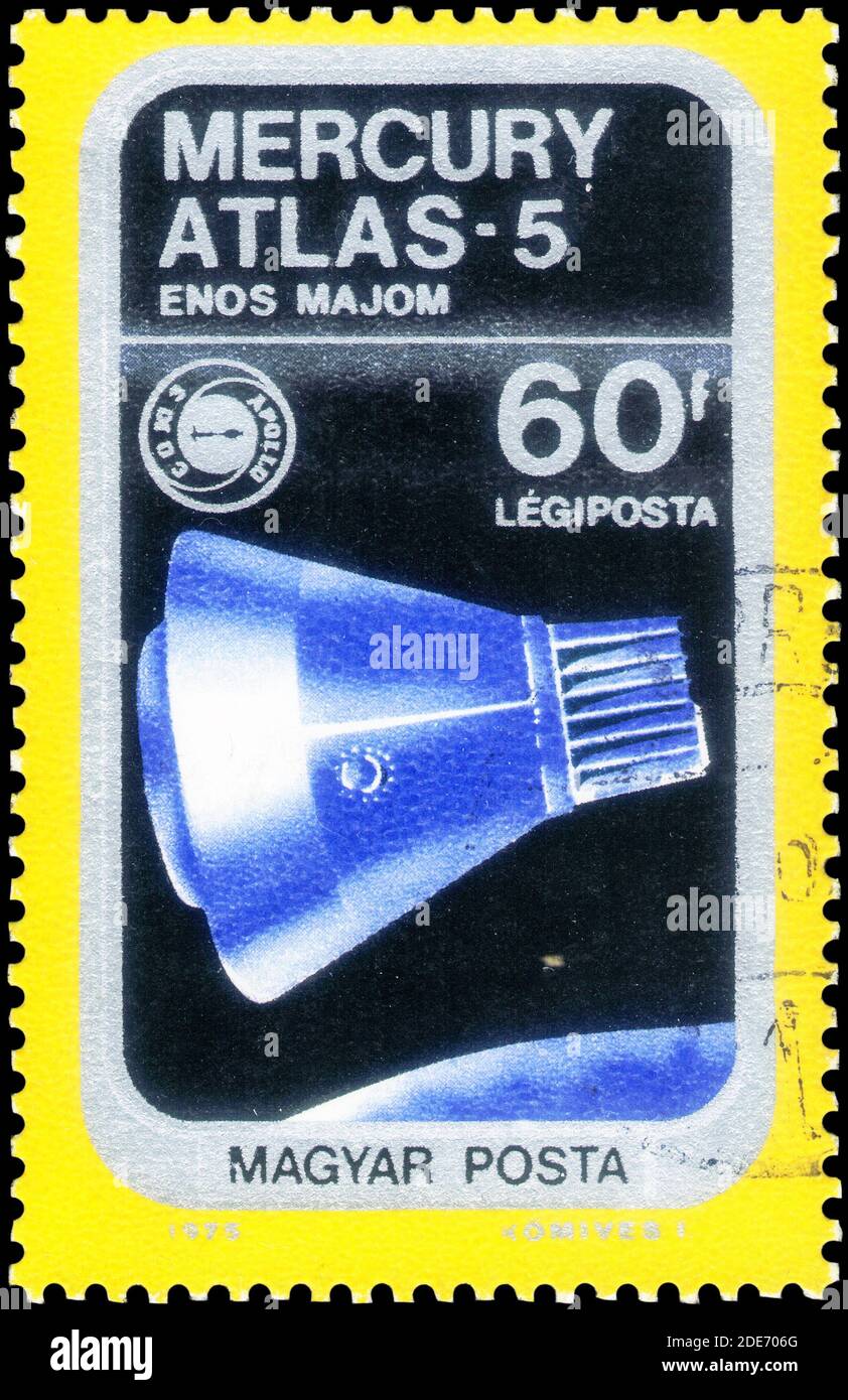 Saint Petersburg, Russia - November 12, 2020: Stamp printed in the Hungary with the image of the Mercury - Atlas 5, circa 1975 Stock Photo