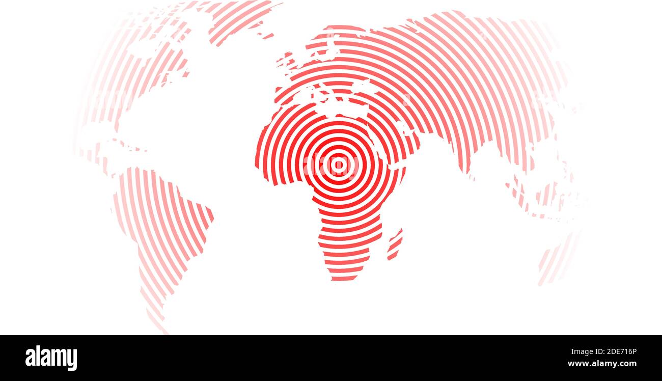 World map of red concentric rings on white background. Earthquake epicentre theme. Modern design vector wallpaper. Stock Vector