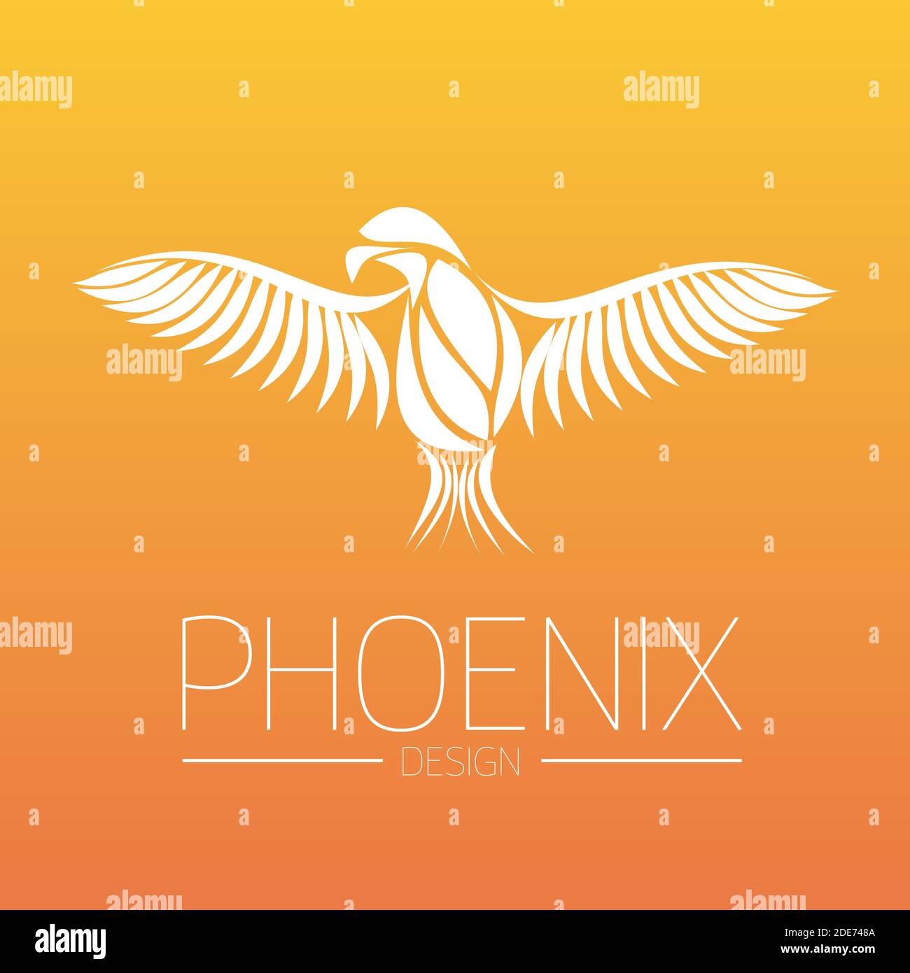 Flaming Phoenix Bird with wide spread wings in white on orange fire colors background. Symbol of reborn and regeneration. EPS10 vector illustration. Stock Vector