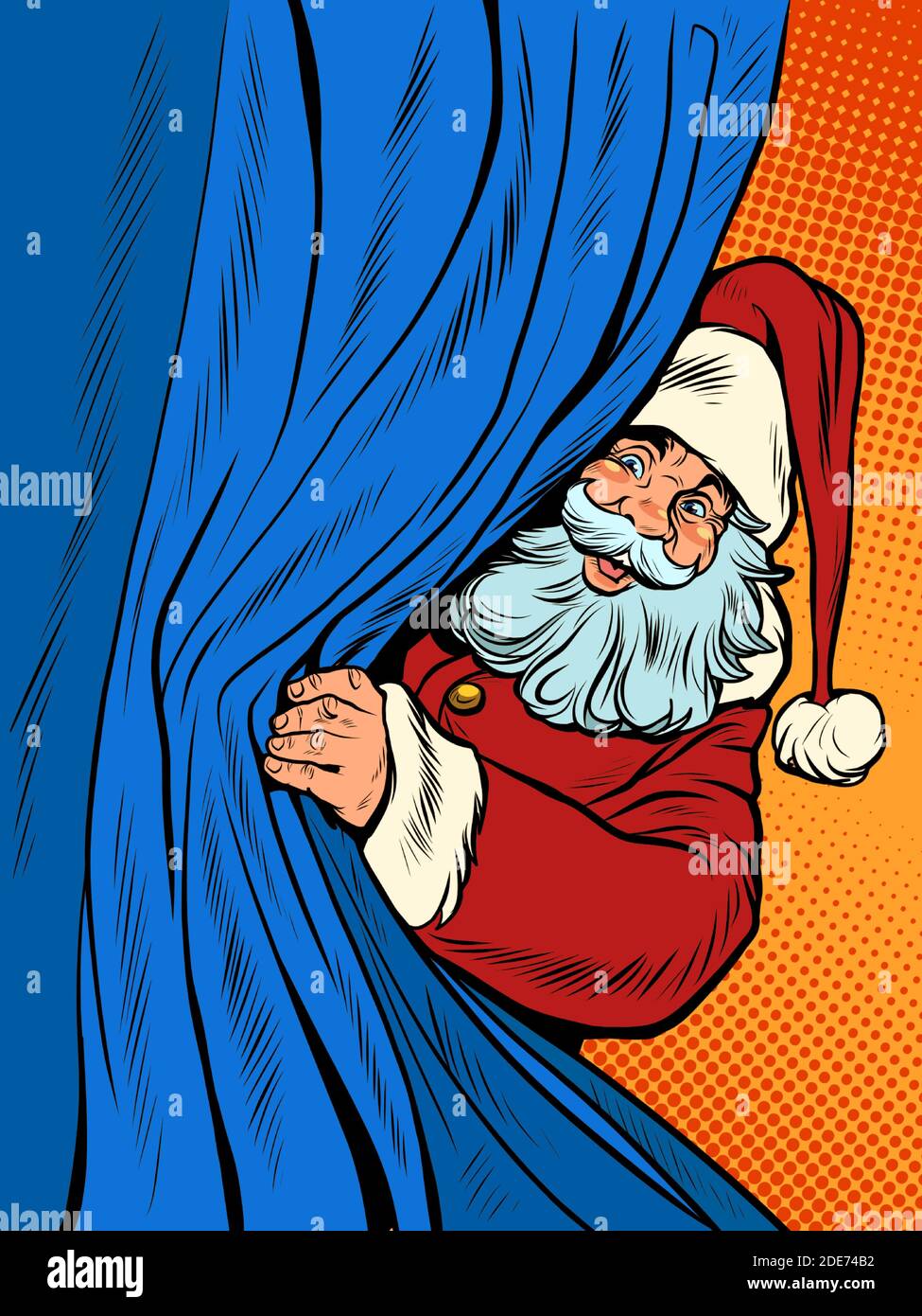 Santa Claus looks out from behind the curtain. Christmas background Stock Vector