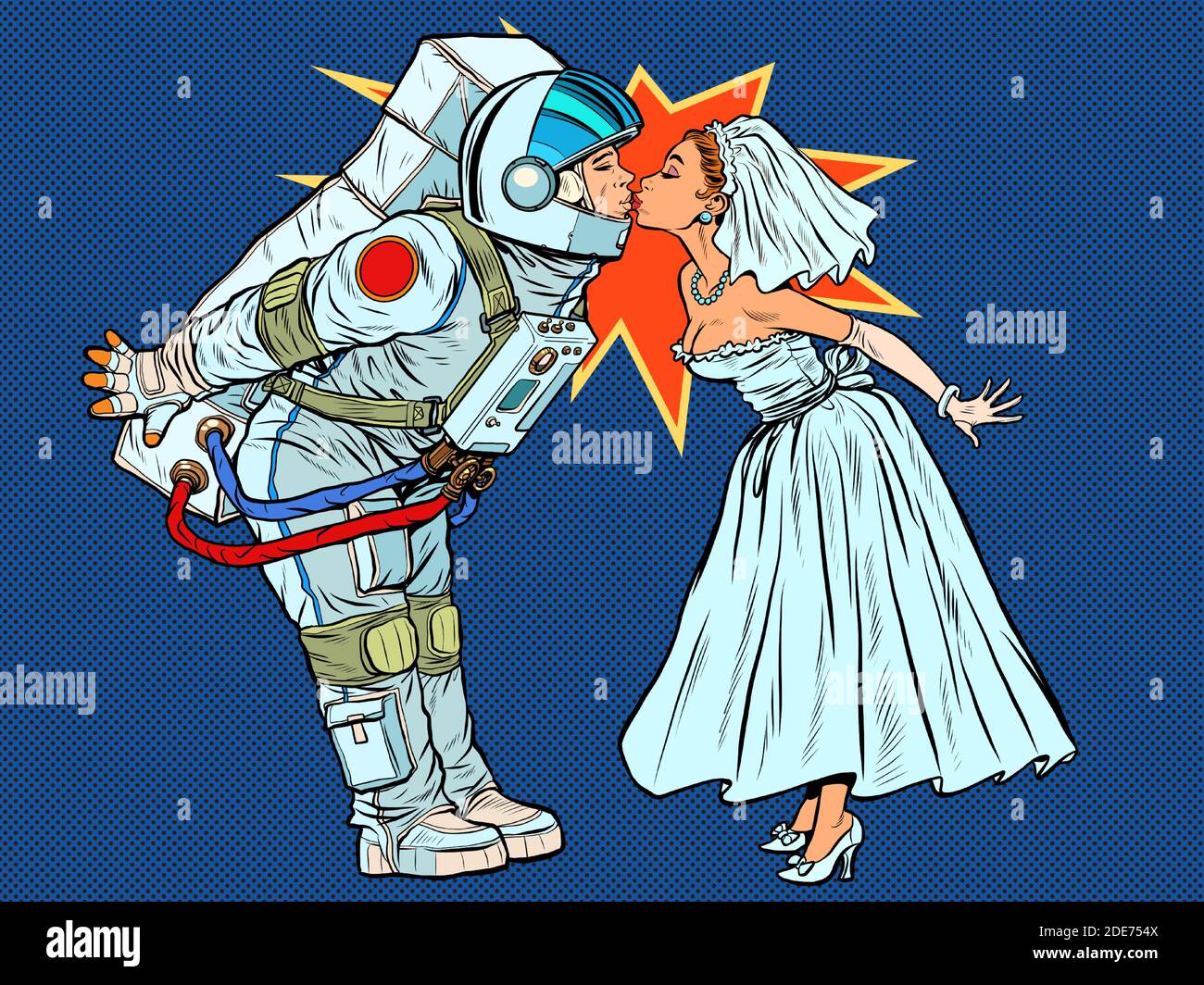 The astronaut groom and the bride kiss Stock Vector