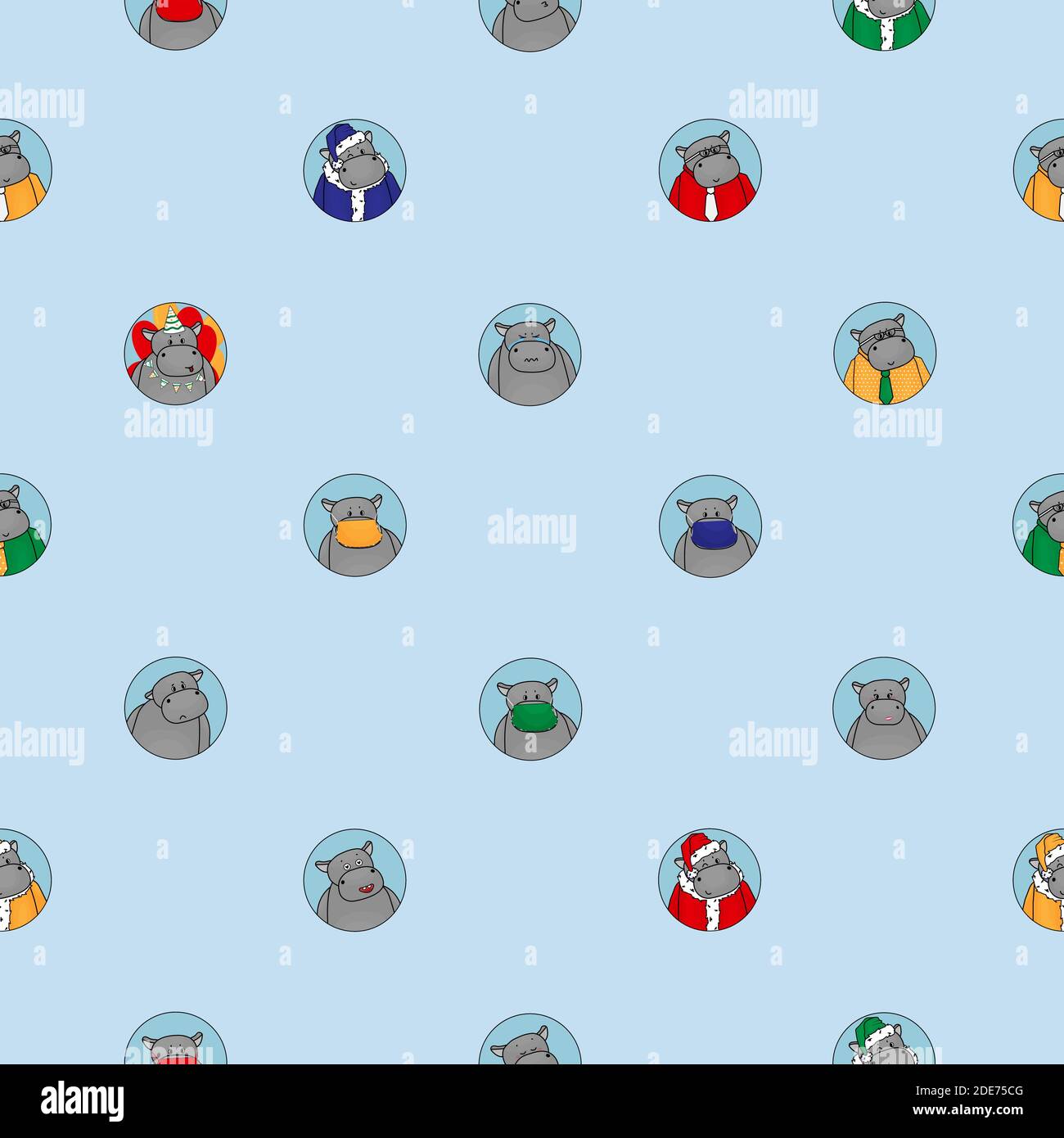 Blue seamless pattern of different hippos. Happy, sad, angry, in love, Santa hippopotamus, Happy Birthday, office clerk in shirt and tie, in mask, crying animal Stock Vector