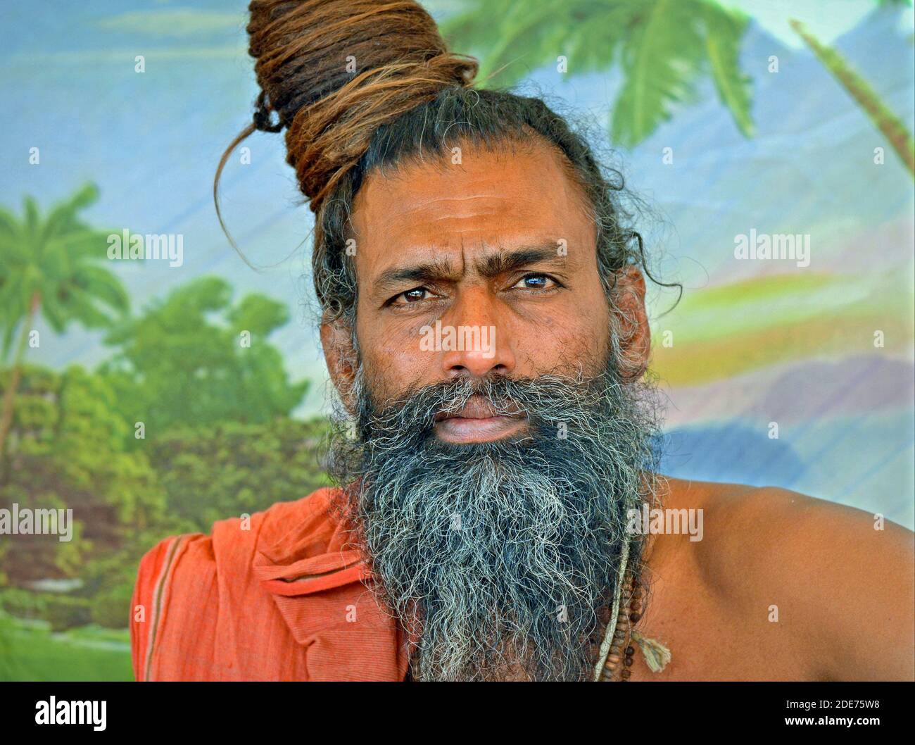 Indian Shaivite sadhu with dread bun and full beard wears an orange robe and poses for the camera during the Shivratri Mela (Bhavnath Fair). Stock Photo