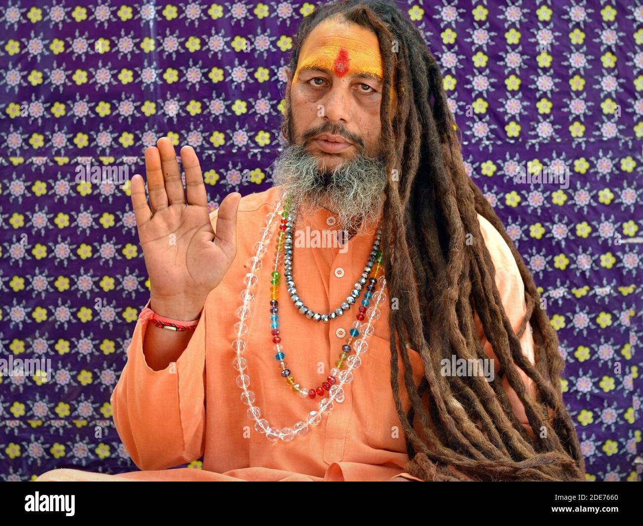 Indian Hindu sadhu (baba, guru) with extremely long dreadlocks raises his right hand with the palm forward to give a blessing during Bhavnath Fair. Stock Photo