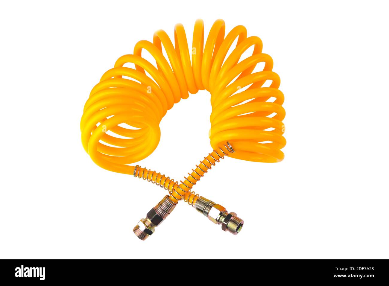 pneumatic hose of a truck for supplying compressed air from a tractor to a  trailer, car accessories, car parts, yellow color white background close-u  Stock Photo - Alamy