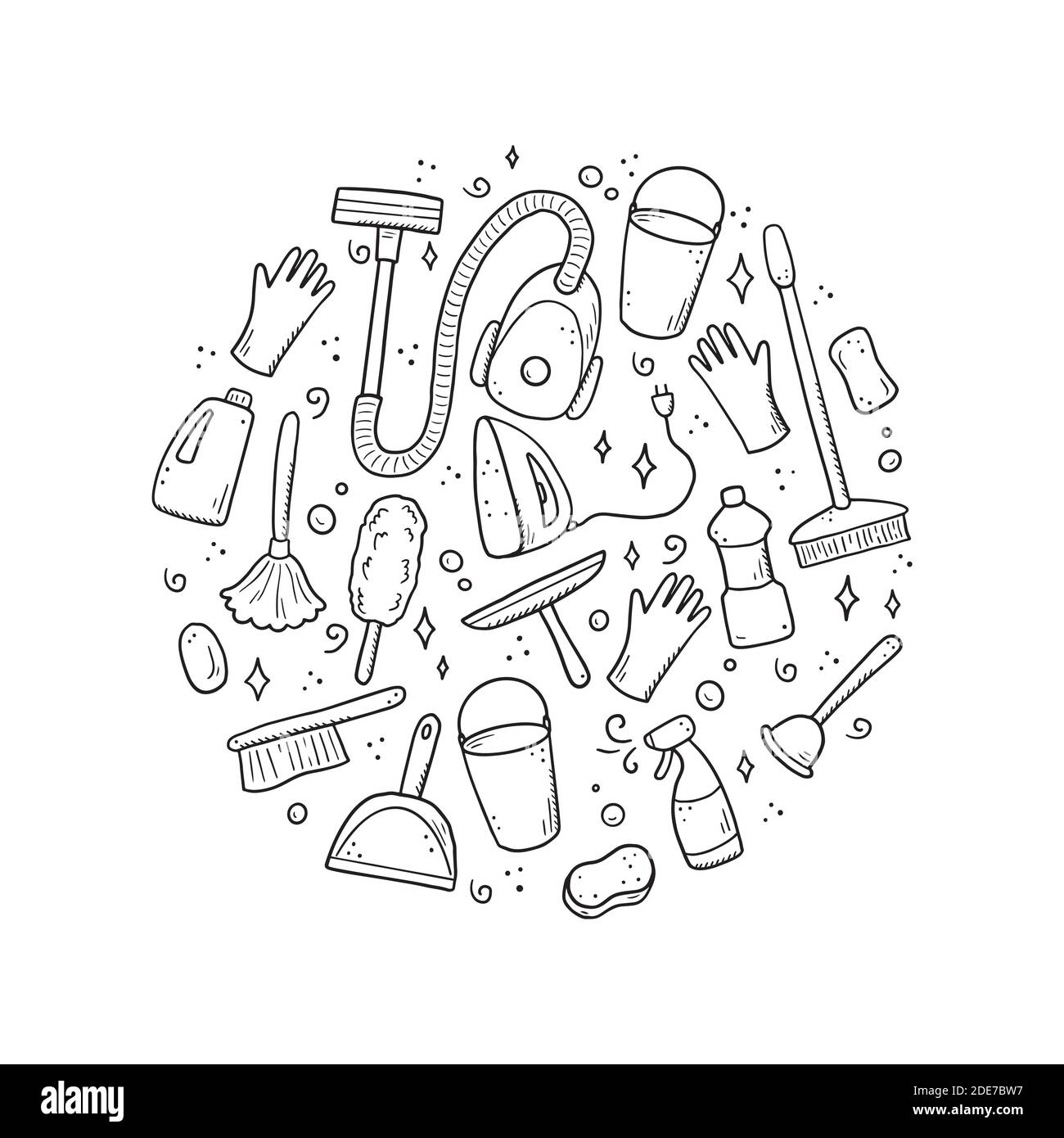 Hand drawn set of cleaning equipments, sponge, vacuum, spray, broom, bucket. Comic doodle sketch style. Clean element drawn by digital brush-pen. Illustration for icon, frame, background. Stock Vector