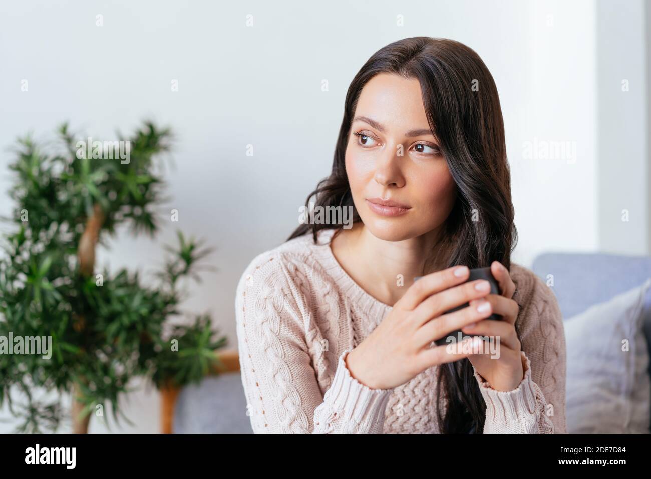 Young woman drinking tea and dreaming sitting on the couch in the bright apartment. Stock Photo