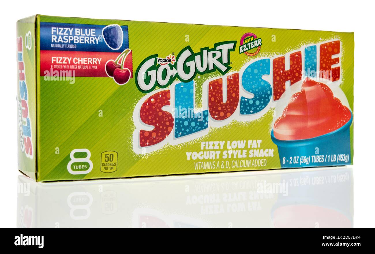 Winneconne, WI -22 November 2020:  A package of Yoplait go gurt slushie yogurt on an isolated background. Stock Photo