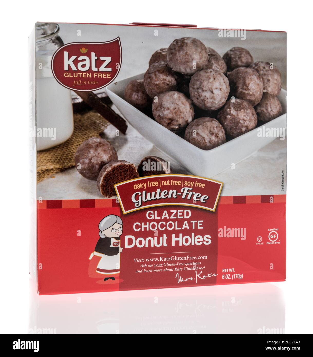 Winneconne, WI -29 November 2020:  A package of Katz glazed chocolate donut holes on an isolated background. Stock Photo