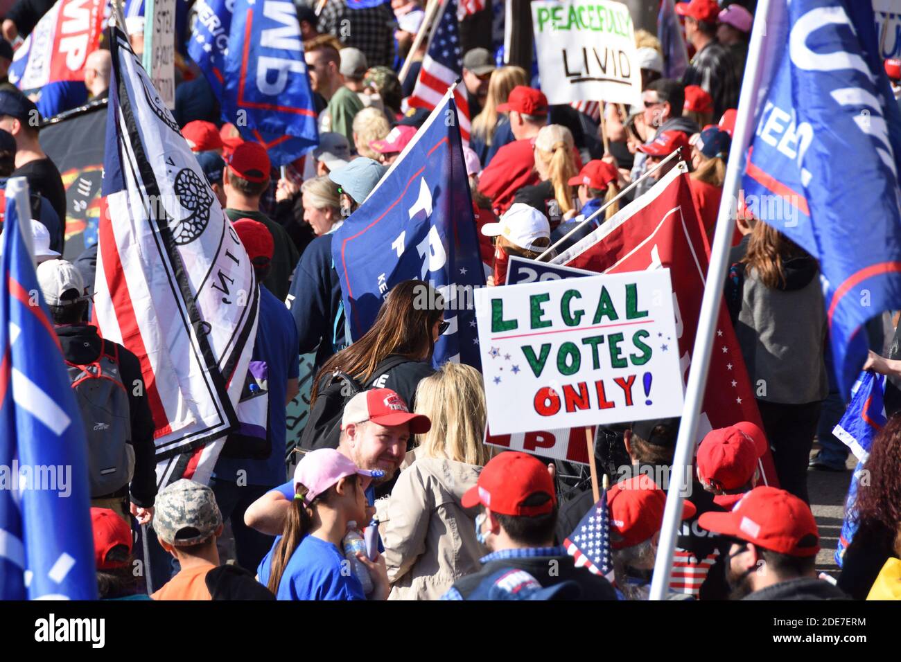 Washington DC. Nov 14, 2020. Million Maga March. Trump’s supporters with political sign “Legal votes only” and flags standing at Freedom Plaza. Stock Photo